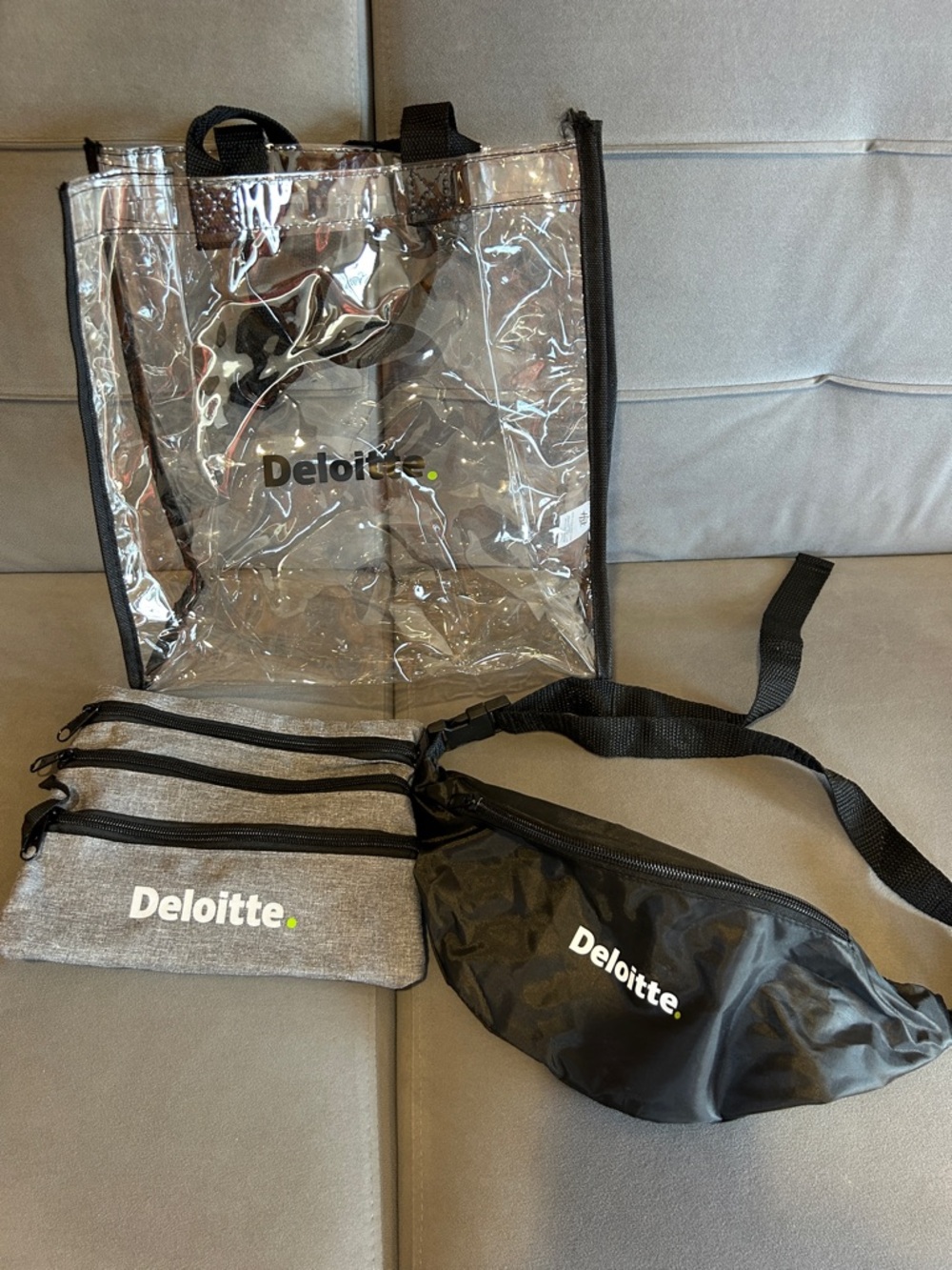 Deloitte Branded Clear Tote with Gray Zip Pouch & Black Waist Bag